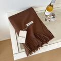 Solid deep brown wool scarf featuring soft fringe tassels and authentic woven brand label - 175cm+ / Reddish Brown