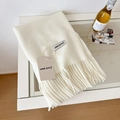 Cream white wool scarf with fine tassels and premium soft texture for winter warmth - 175cm+ / Milk White