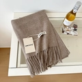 Coffee brown wool scarf with long tassels and soft texture for winter warmth - 175cm+ / Flax Khaki