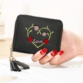 Mini porte-monnaie en cuir PU noir avec broderie cœur rose et pendentif à pompon élégant - Noir