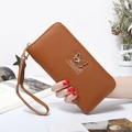 Brown long leather zip wallet with gold butterfly pendant and wrist strap for women - Khaki