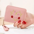 Mini portefeuille en cuir PU rose avec broderie cœur floral et pompon assorti - Rose