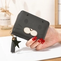 Short dark gray cartoon cat wallet for women with cute zipper and tassel star pendant - Gray