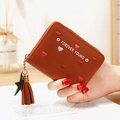 Amber brown zip wallet with colorful heart embroidery and tassel star keychain charm - Khaki