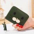 Deep green faux leather wallet with cute cat face print and star tassel zipper pull - Green