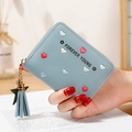 Light blue women zipper wallet with heart embroidery and stylish tassel keychain - Blue