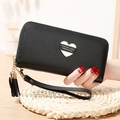 Long black zipper wallet with heart patch, wrist strap and tassel in lychee grain PU leather - Black