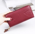 Women's burgundy leather long clutch wallet with maple leaf pattern and tassel - Burgundy