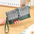 Cartera larga de mujer con estampado de pata de gallo, hebilla y asa de mano - Verde