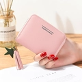 Pink PU leather mini wallet with litchi texture, tassel, and star charm zip - Pink