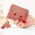 Mini porte-monnaie rose avec broderie cœur fleurie et pendentif à pompon - Vieux Rose
