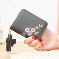 Petit portefeuille en cuir PU gris foncé avec broderie florale et pompon élégant - Gris foncé