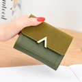 Deep green tri-fold wallet for women with matte texture and gold V-shaped metal buckle - Green