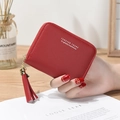 Minimalist red faux leather square wallet with tassel zipper and Forever Young branding - Red