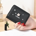 Minimalist black floral short wallet with zipper and leather tassel keychain - Black
