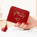 Petit porte-monnaie rouge brodé cœur avec fermeture éclair et gland décoratif - Rouge