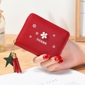Red flower leather zip wallet for women featuring a stylish star and tassel keychain - Wine Red