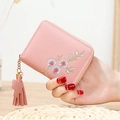Petit portefeuille en cuir PU rose avec broderie florale et breloque à glissière à gland - Rose