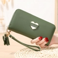 Deep green long wallet for women with heart detail, wristlet strap and tassel charm - Green