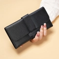Elegant black lychee grain long wallet for women with fold-over flap and buckle closure - Black