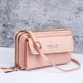 Fashionable light pink PU leather crossbody bag with double zippers and adjustable strap - Light Pink
