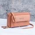 Pink PU leather crossbody phone bag with double zippers and adjustable gold strap - Deep Pink