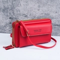 Red PU leather crossbody phone bag with double zipper compartments and gold hardware - Red