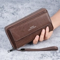 Men's large capacity business clutch bag in dark brown leather with wrist strap - Dark Coffee