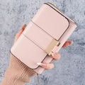 Portafoglio lungo rosa da donna in finta pelle con chiusura dorata e zip laterale - Rosa Chiaro