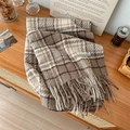 Coffee brown plaid checkered scarf with tassels and a vintage fabric label style - Khaki Plaid