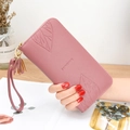Long zipper wallet for women in dusty pink leather with leaf hollow design and tassel - Lotus Pink