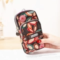 Floral print sports phone pouch with three zippers and a wrist strap in dark brown - Vintage Red Floral (1)