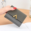 Women's vintage matte short wallet in sage green with golden V-shaped metal buckle detail - Gray