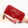 Red pebbled leather long wallet with heart embroidery and stylish star tassel charm - Wine Red