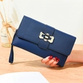 Dark blue litchi pattern leather clutch bag with geometric metal buckle and wristlet - Blue