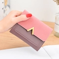 Pink and purple patchwork matte leather wallet with V-shaped gold metal buckle - Pink Purple