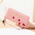 Pink heart and rose embroidery long wallet for women with zipper closure and wristlet strap - Light Pink