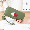 Dark green long PU leather wallet for women with heart patch and rabbit charm - Green