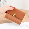 Brown frosted leather mini wallet with golden V-shaped buckle and snap closure for women - Khaki/Earth Yellow