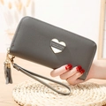 Dark grey leather long wallet with heart patch and fringe tassel for women - Dark Gray