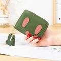Dark green short leather wallet with pink rabbit ears and matching tassel zipper charm - Green