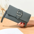 Dark grey litchi grain leather clutch wallet with silver buckle and hand strap - Gray