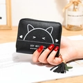 Short black zippered wallet with cute cat print and tassel star charm for women - Black
