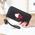 Black long leather wallet for women with heart pattern and rabbit pendant wristlet - Black