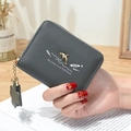 Dark grey leather short wallet with cute white fish print and golden dolphin charm - Gray