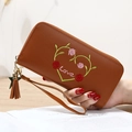 Brown long zip wallet for women featuring heart floral embroidery and love text - Brown