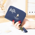Short dark blue PU leather wallet with white cloud pattern and gold rose logo for women - Dark Blue