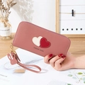 Pale purple long faux leather wallet with heart embroidery and rabbit pendant wristlet - Deep Pink