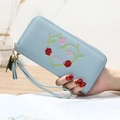 Light blue faux leather long zipper wallet with heart floral embroidery and wrist strap - Blue
