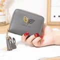 Gray leaf hardware mini wallet with litchi grain faux leather and rabbit charm tassel - Dark Gray